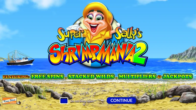 Super Sally's Shrimpmania 2 - huvudskärm med ett 5x4-hjul och ett nätverk med 40 vinstlinjer